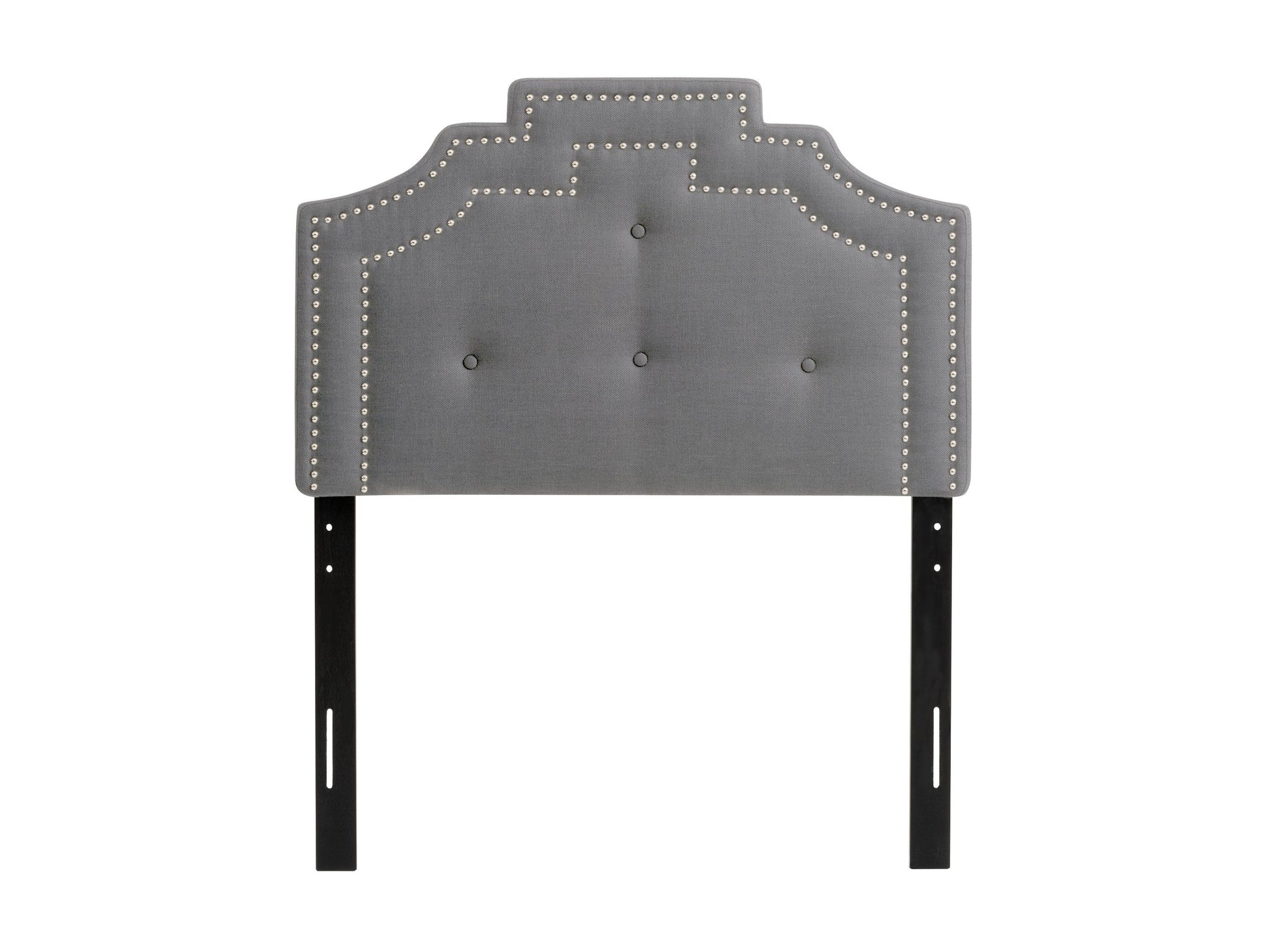 Light grey padded twin/single headboard with tufted design, soft fabric upholstery, and plush cushioning for added comfort and style. Ideal for modern bedrooms and compatible with standard twin/single bed frames.