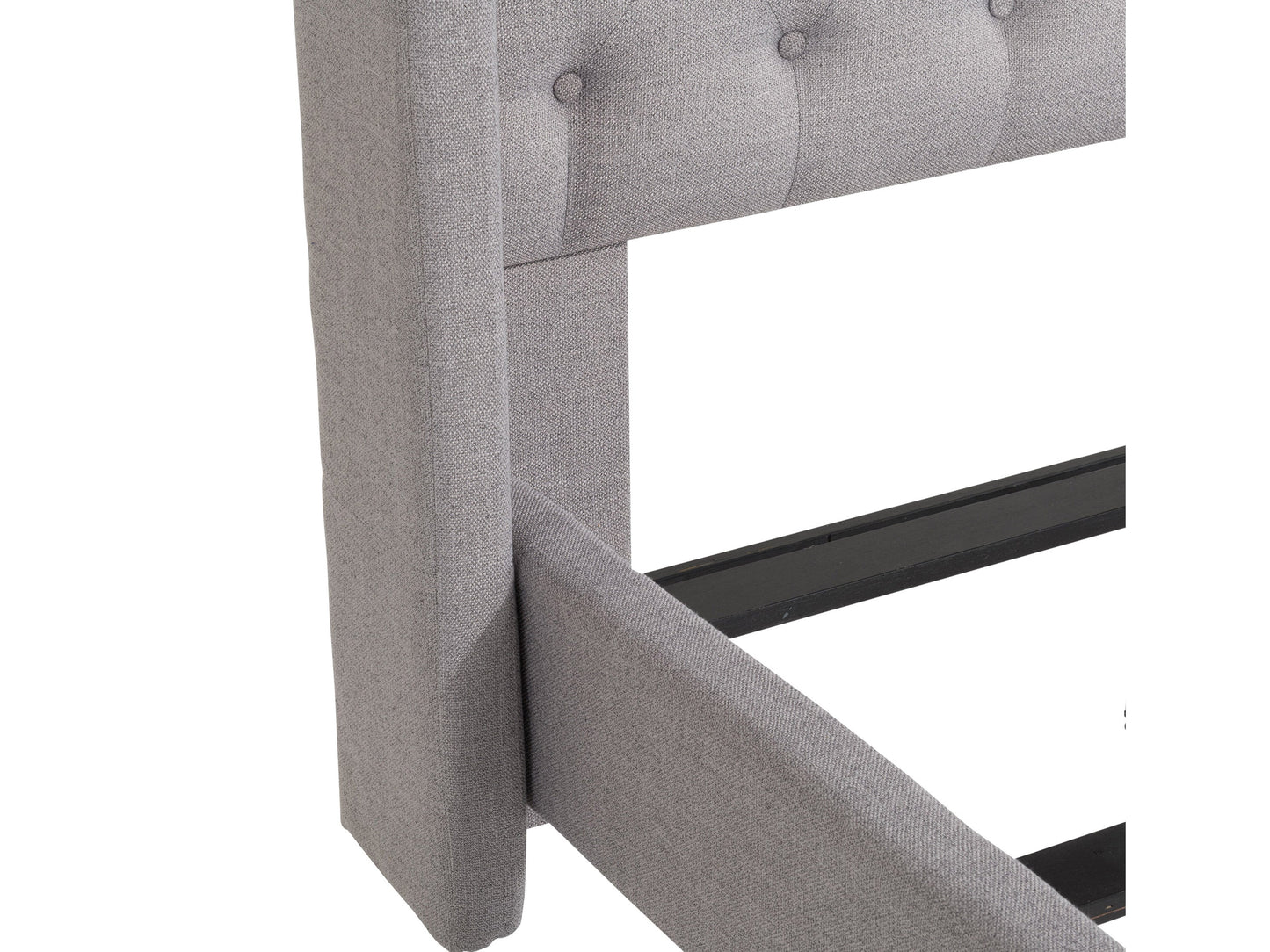 Grey tufted queen bed with a high, button-tufted headboard, upholstered in soft fabric, featuring sturdy wooden legs and a minimalist design, perfect for modern and contemporary bedroom decor.