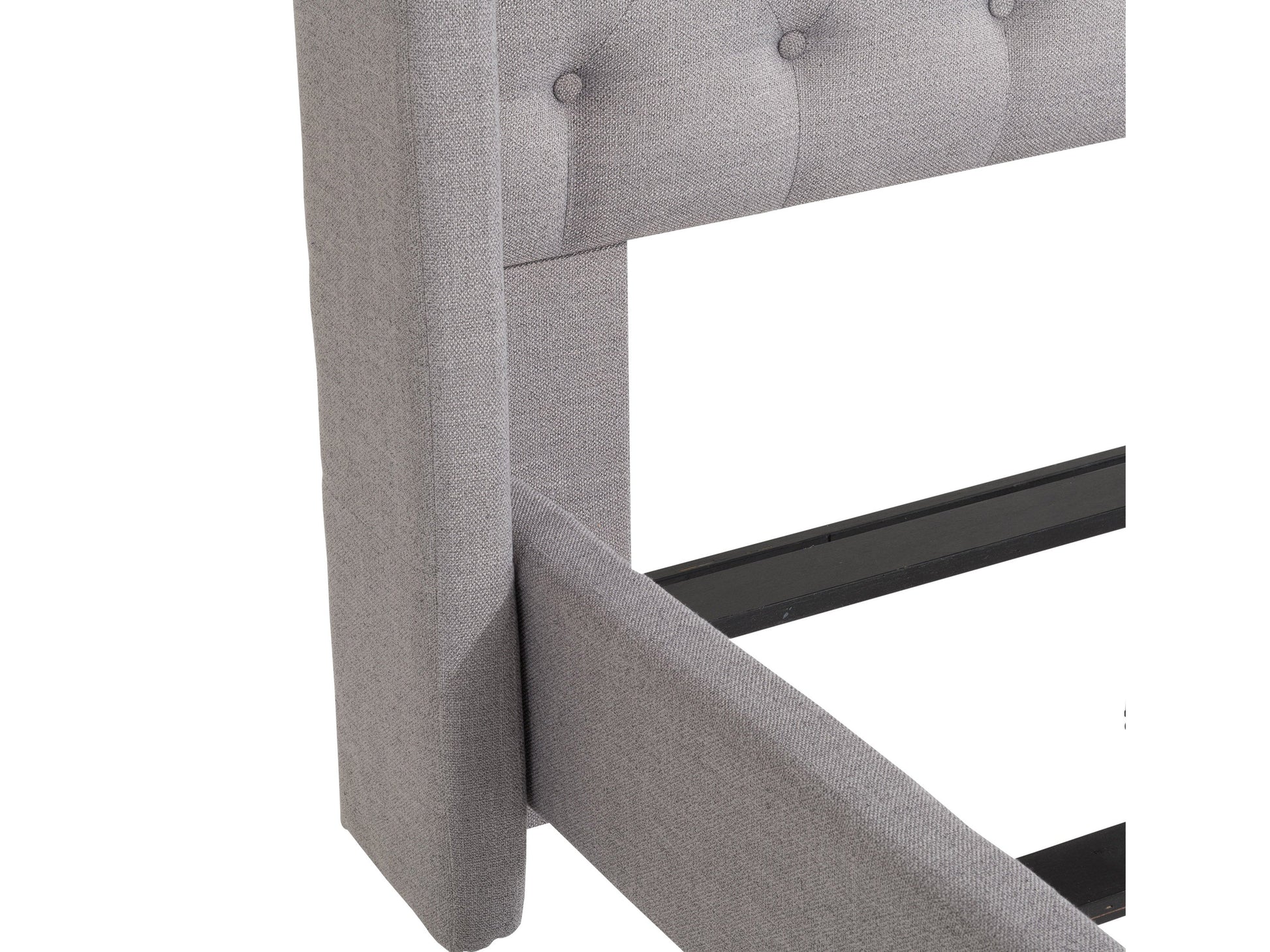Grey tufted queen bed with a high, button-tufted headboard, upholstered in soft fabric, featuring sturdy wooden legs and a minimalist design, perfect for modern and contemporary bedroom decor.