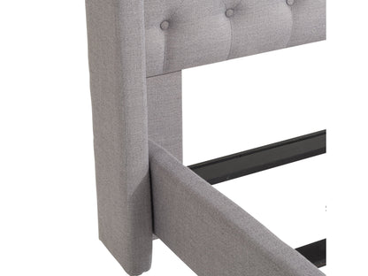 Grey tufted queen bed with a high, button-tufted headboard, upholstered in soft fabric, featuring sturdy wooden legs and a minimalist design, perfect for modern and contemporary bedroom decor.