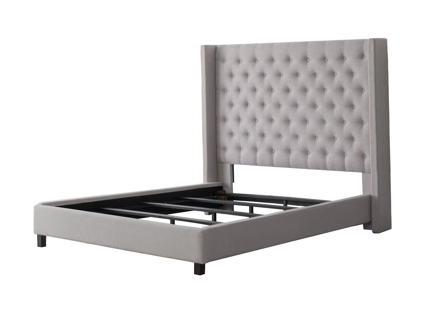 Grey tufted queen bed with a high, button-tufted headboard, upholstered in soft fabric, featuring sturdy wooden legs and a minimalist design, perfect for modern and contemporary bedroom decor.