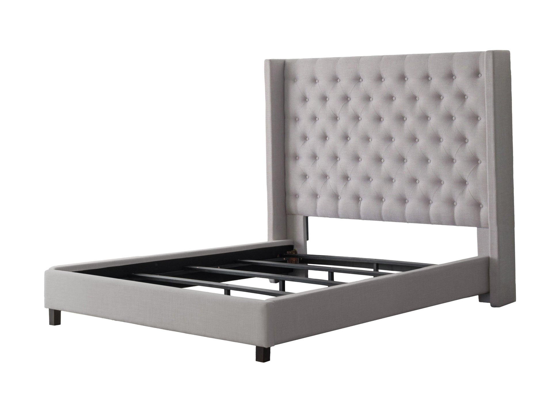 Grey tufted queen bed with a high, button-tufted headboard, upholstered in soft fabric, featuring sturdy wooden legs and a minimalist design, perfect for modern and contemporary bedroom decor.