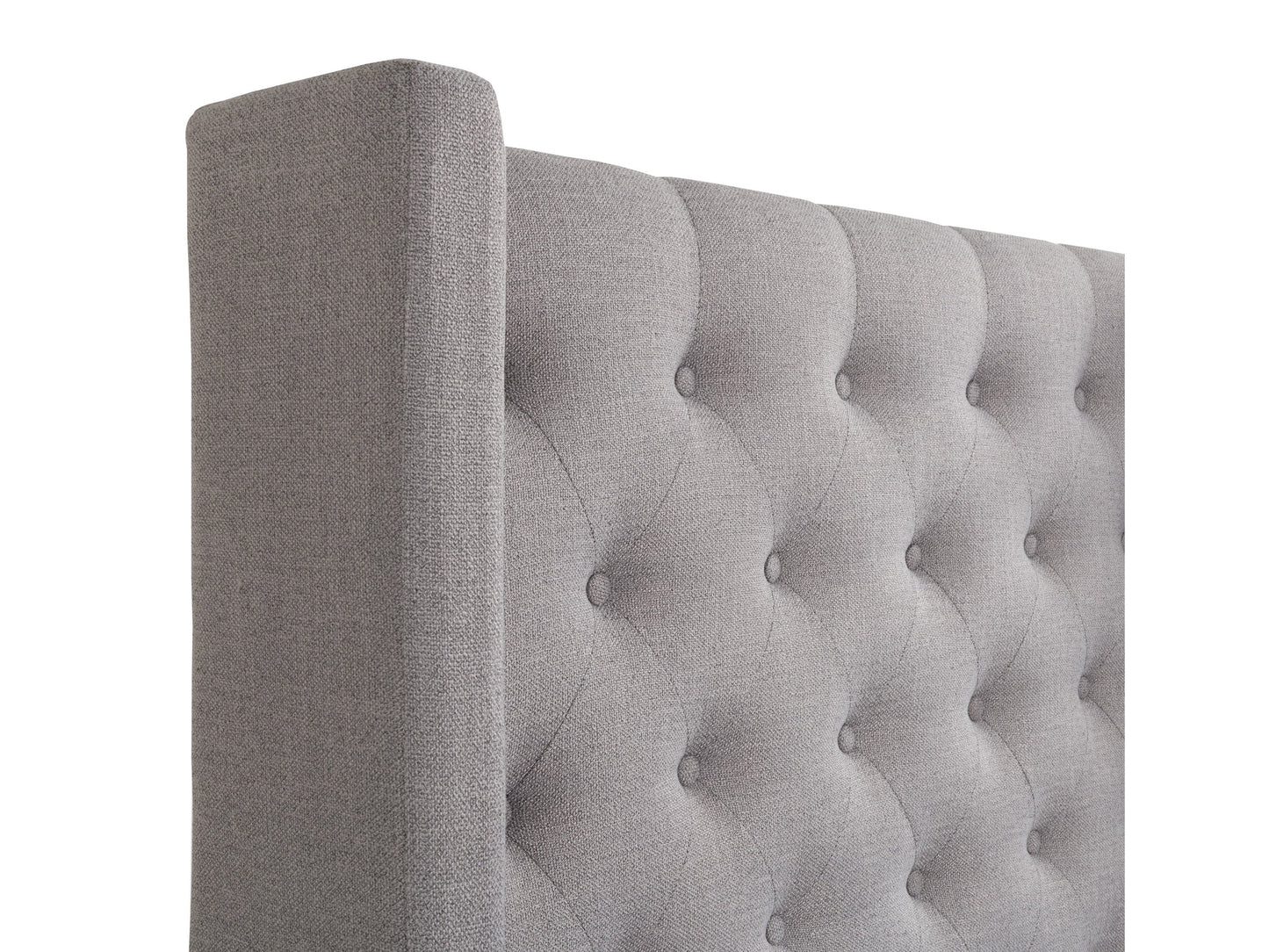 Tufted king bed with slats in grey fabric, featuring a plush, button-tufted headboard, wooden frame, and sturdy slats for mattress support. Ideal for modern bedrooms seeking a stylish and comfortable centerpiece.