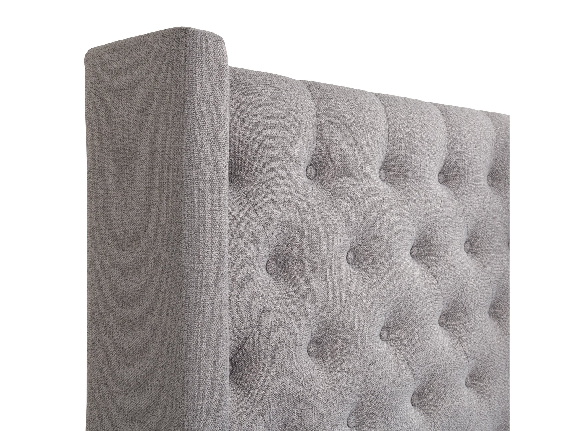 Tufted king bed with slats in grey fabric, featuring a plush, button-tufted headboard, wooden frame, and sturdy slats for mattress support. Ideal for modern bedrooms seeking a stylish and comfortable centerpiece.