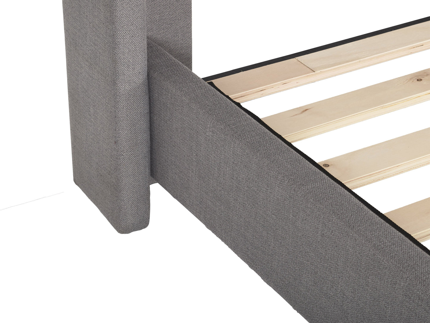 Tufted king bed with slats in grey fabric, featuring a plush, button-tufted headboard, wooden frame, and sturdy slats for mattress support. Ideal for modern bedrooms seeking a stylish and comfortable centerpiece.
