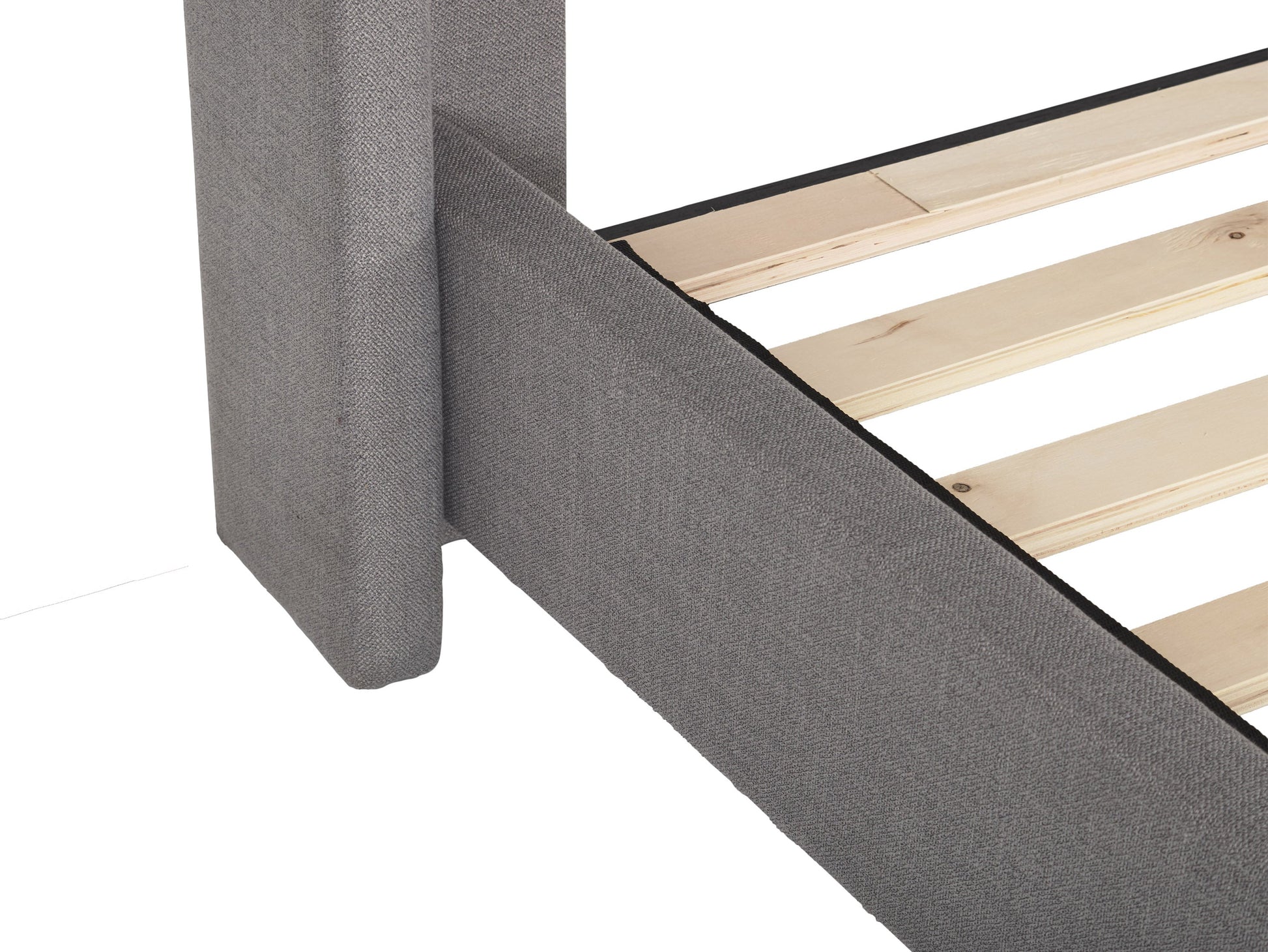 Tufted king bed with slats in grey fabric, featuring a plush, button-tufted headboard, wooden frame, and sturdy slats for mattress support. Ideal for modern bedrooms seeking a stylish and comfortable centerpiece.