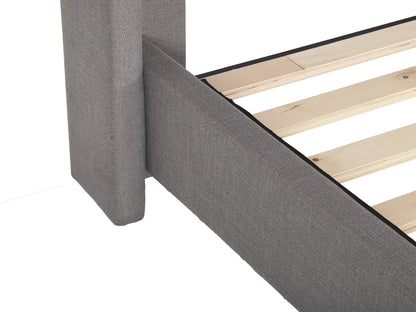 Tufted king bed with slats in grey fabric, featuring a plush, button-tufted headboard, wooden frame, and sturdy slats for mattress support. Ideal for modern bedrooms seeking a stylish and comfortable centerpiece.