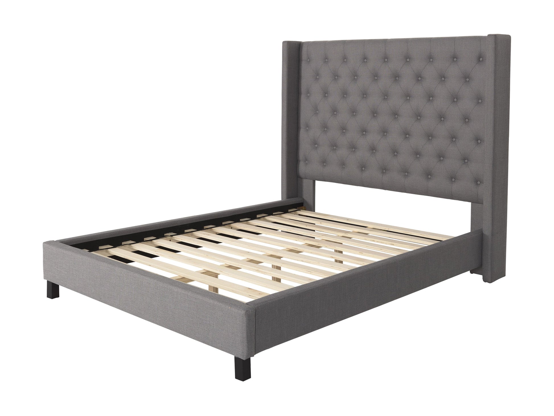 Tufted king bed with slats in grey fabric, featuring a plush, button-tufted headboard, wooden frame, and sturdy slats for mattress support. Ideal for modern bedrooms seeking a stylish and comfortable centerpiece.