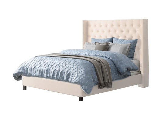 Cream tufted queen bed with elegant button detailing, upholstered in soft fabric, featuring a sturdy wooden frame and plush headboard, ideal for luxurious bedroom decor.