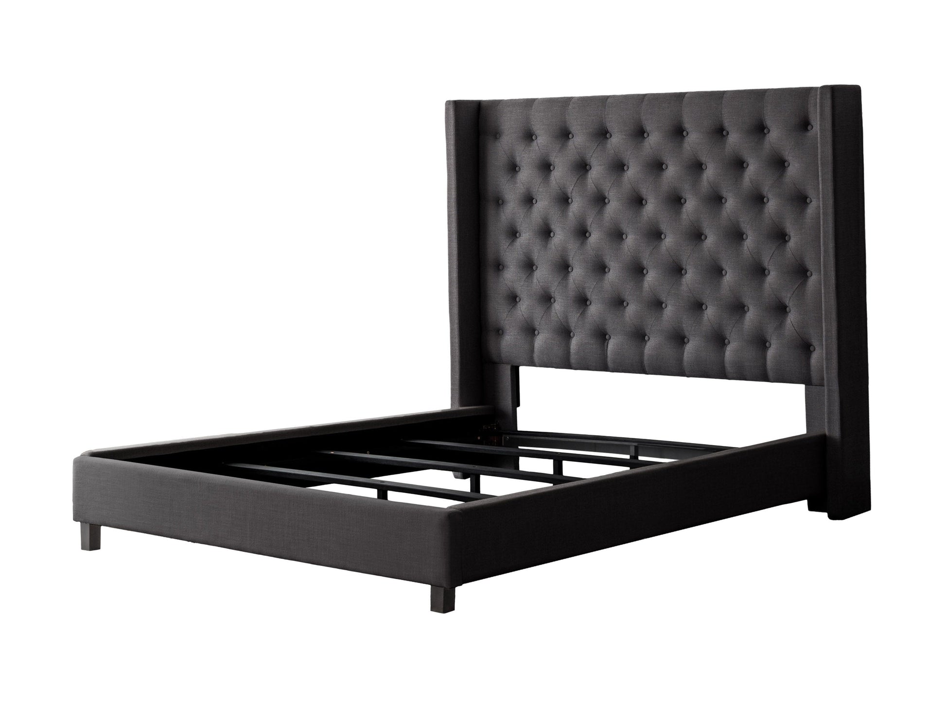 Dark grey tufted king bed with elegant button detailing on the headboard, upholstered in soft fabric. Sturdy wooden frame with sleek, modern design perfect for a contemporary bedroom.