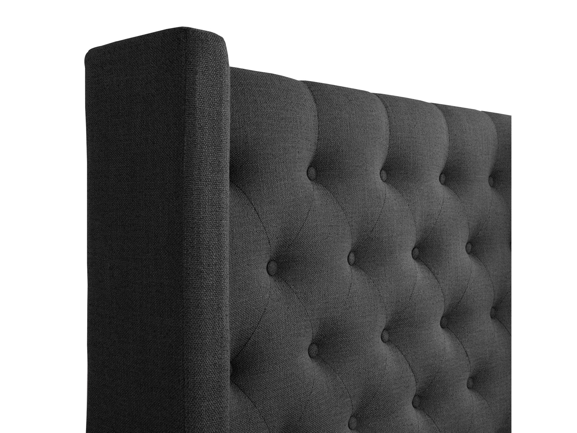 Dark grey tufted queen bed with plush upholstery, featuring a high, button-tufted headboard and sturdy wooden legs, perfect for modern bedroom decor.