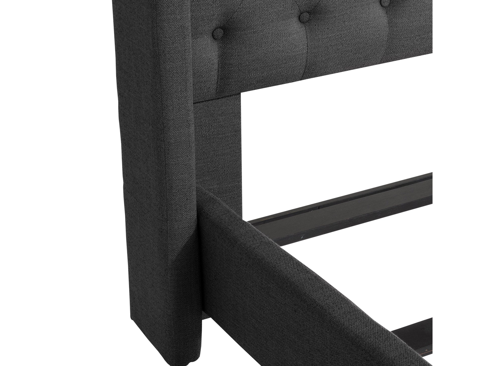 Dark grey tufted queen bed with plush upholstery, featuring a high, button-tufted headboard and sturdy wooden legs, perfect for modern bedroom decor.