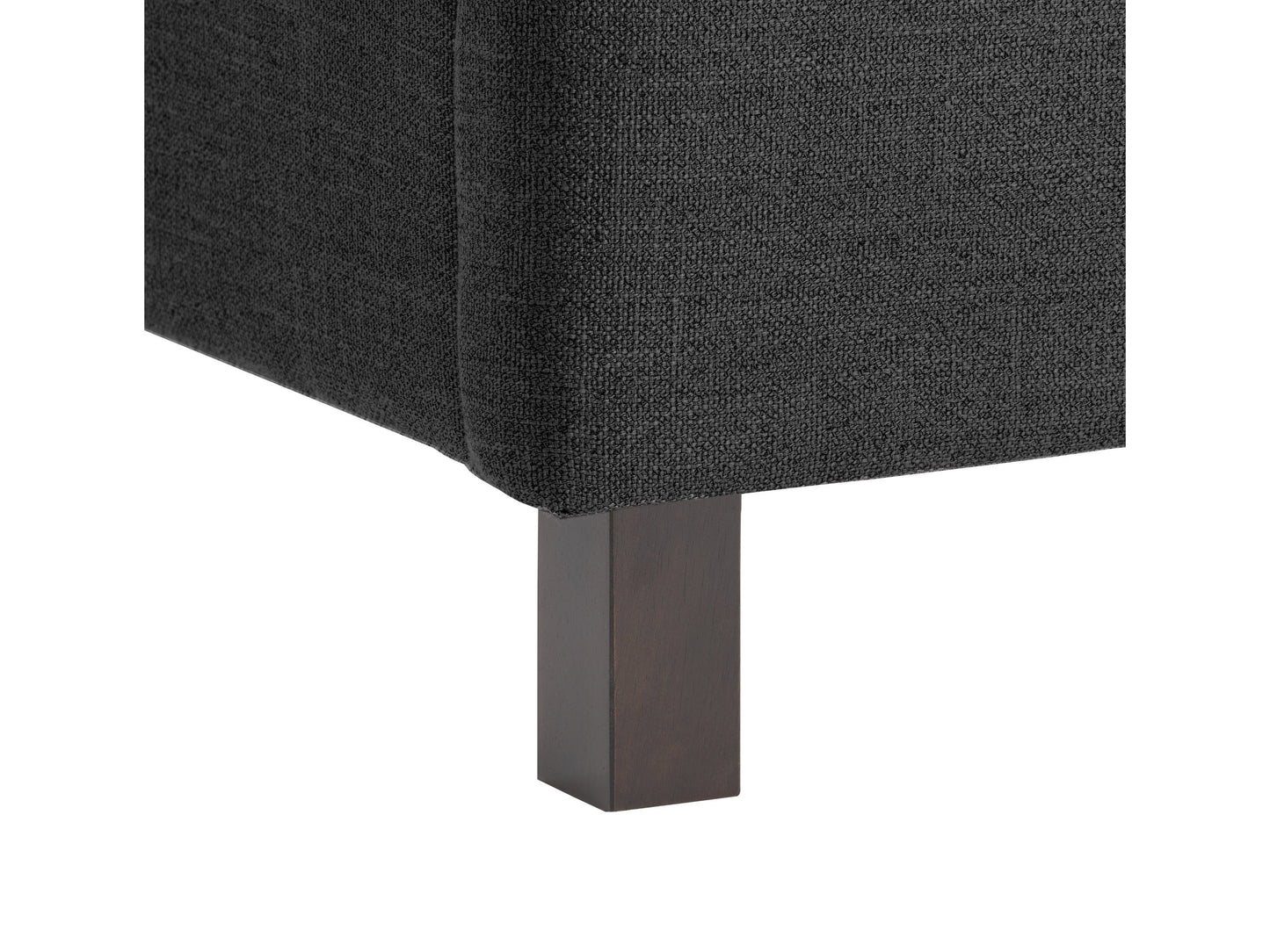 Dark grey tufted queen bed with plush upholstery, featuring a high, button-tufted headboard and sturdy wooden legs, perfect for modern bedroom decor.