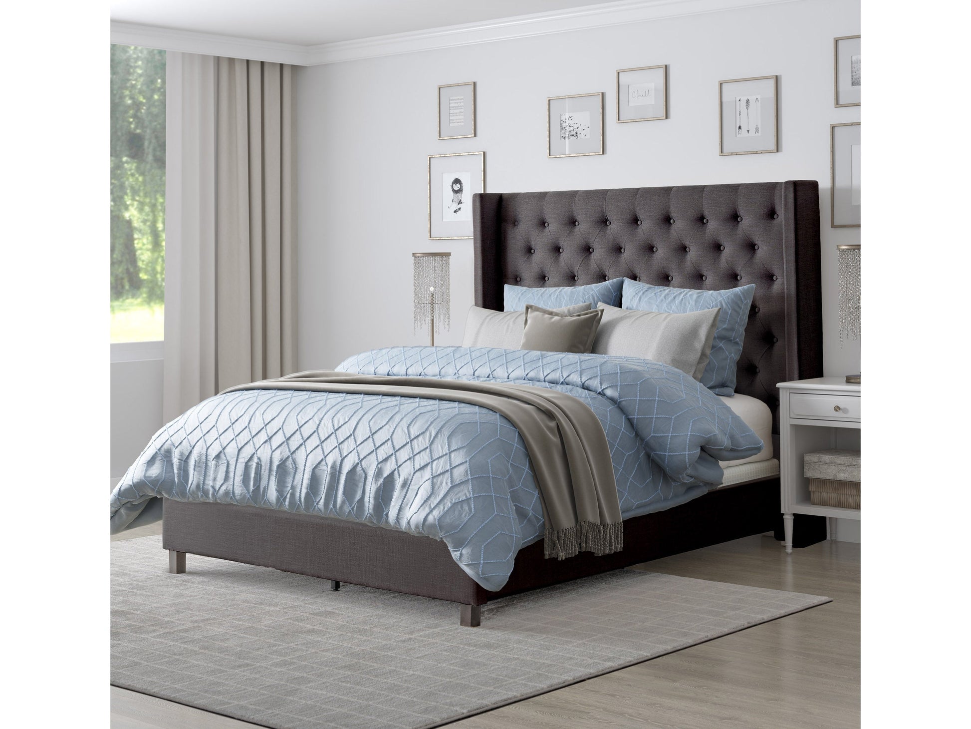 Dark grey tufted queen bed with plush upholstery, featuring a high, button-tufted headboard and sturdy wooden legs, perfect for modern bedroom decor.