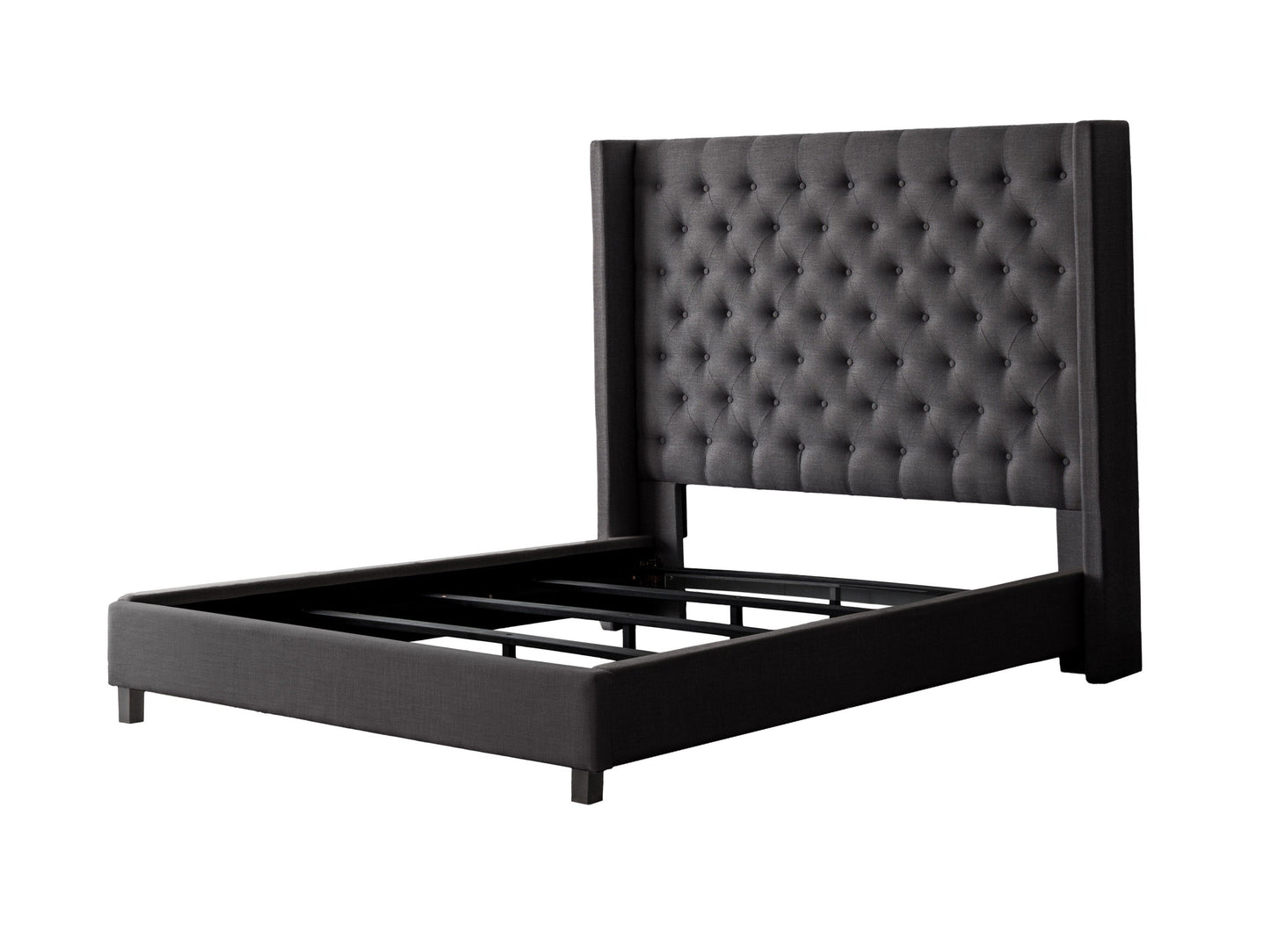 Dark grey tufted queen bed with plush upholstery, featuring a high, button-tufted headboard and sturdy wooden legs, perfect for modern bedroom decor.