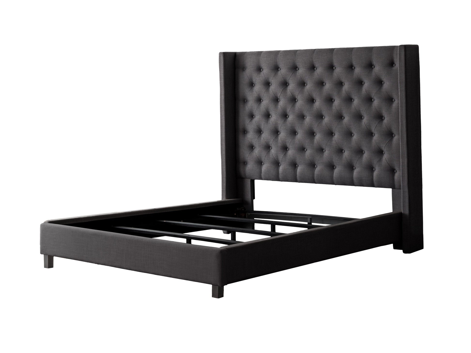 Dark grey tufted queen bed with plush upholstery, featuring a high, button-tufted headboard and sturdy wooden legs, perfect for modern bedroom decor.