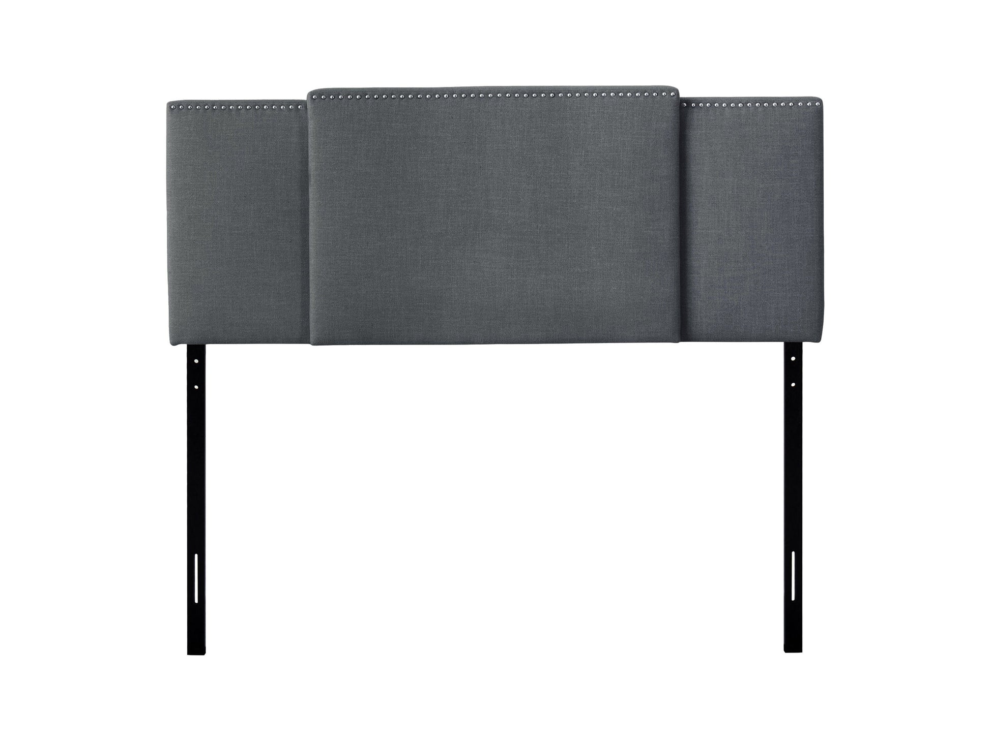 Dark grey adjustable headboard with tufted upholstery, sleek design, and soft fabric texture, suitable for queen and king size beds. Ideal for modern bedroom decor, offering customizable height settings.
