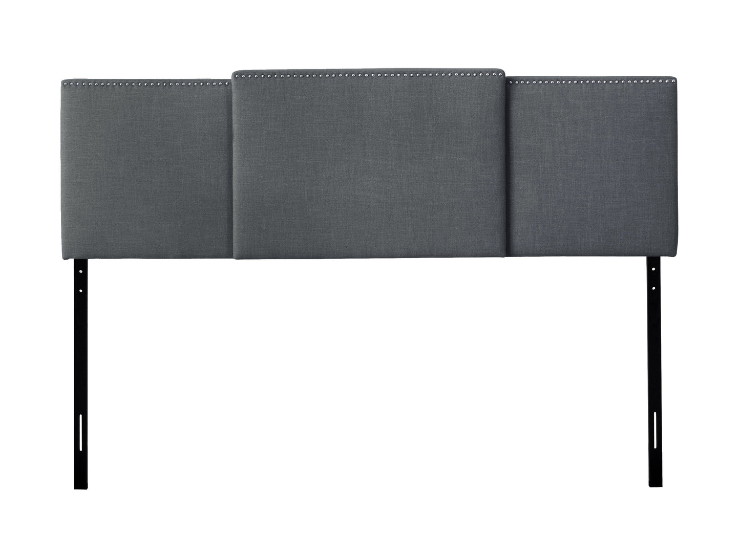 Dark grey adjustable headboard with tufted upholstery, sleek design, and soft fabric texture, suitable for queen and king size beds. Ideal for modern bedroom decor, offering customizable height settings.