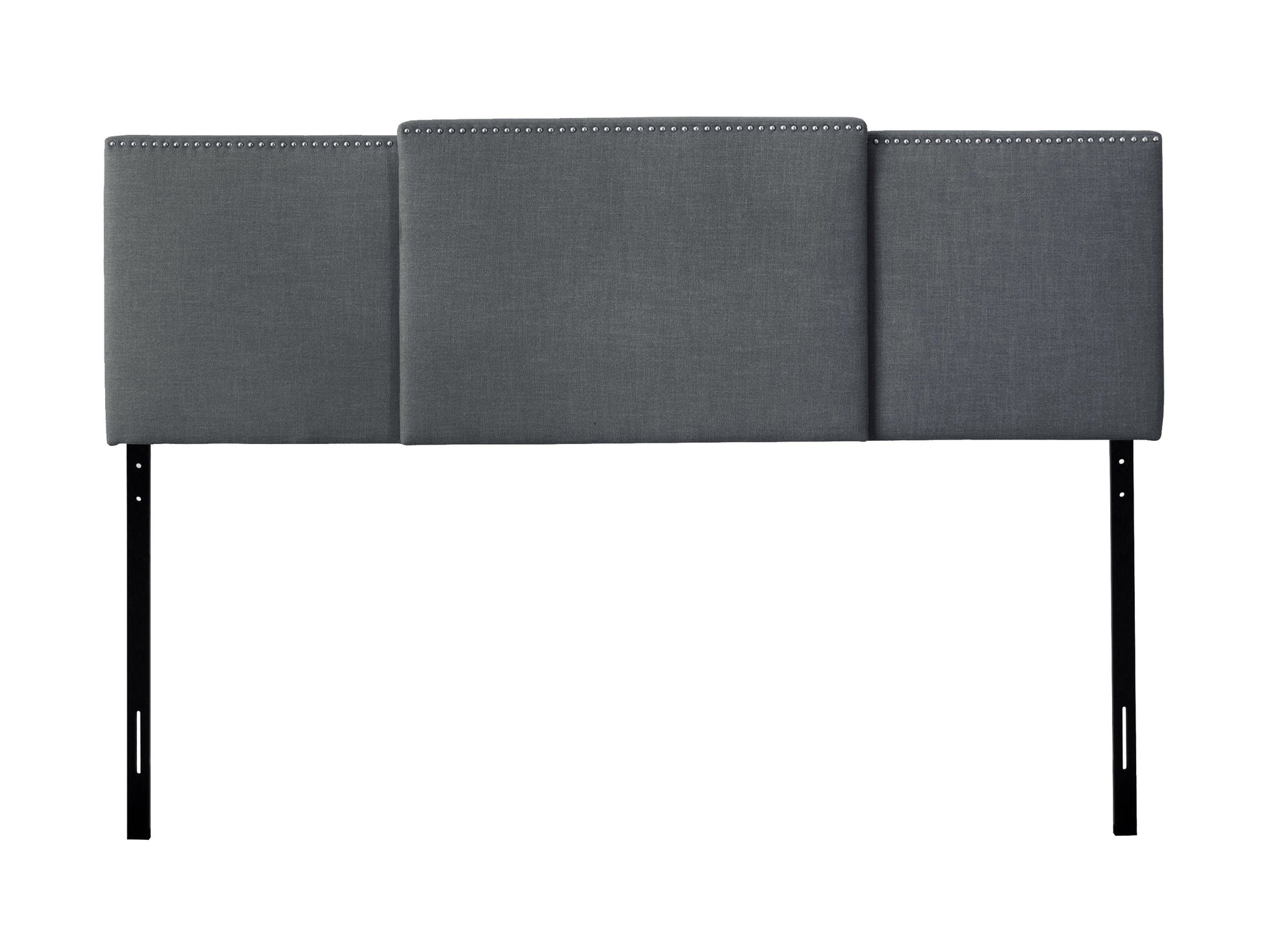 Dark grey adjustable headboard with tufted upholstery, sleek design, and soft fabric texture, suitable for queen and king size beds. Ideal for modern bedroom decor, offering customizable height settings.