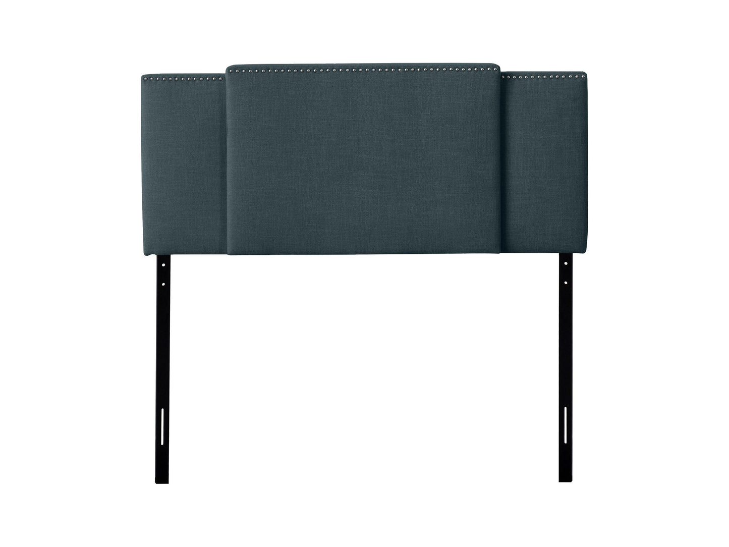 Blue adjustable headboard with tufted fabric, soft texture, and sleek design, perfect for modern bedrooms.