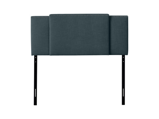 Blue adjustable headboard with tufted fabric, soft texture, and sleek design, perfect for modern bedrooms.