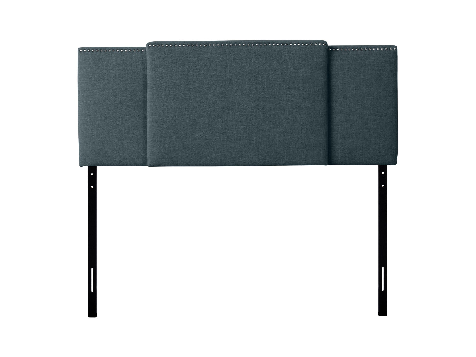Blue adjustable headboard with tufted fabric, soft texture, and sleek design, perfect for modern bedrooms.