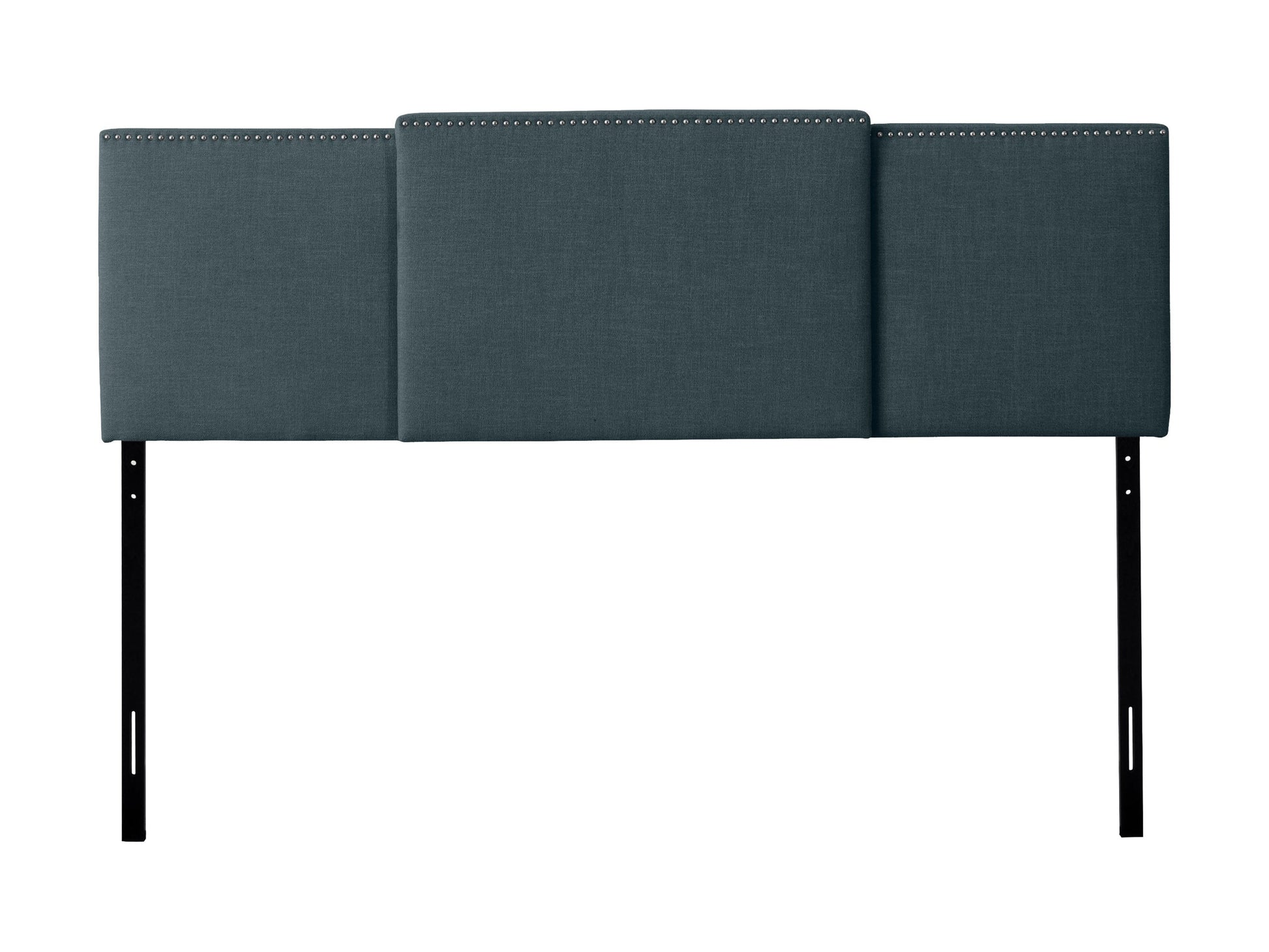Blue adjustable headboard with tufted fabric, soft texture, and sleek design, perfect for modern bedrooms.