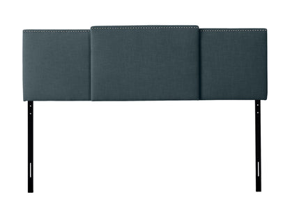 Blue adjustable headboard with tufted fabric, soft texture, and sleek design, perfect for modern bedrooms.