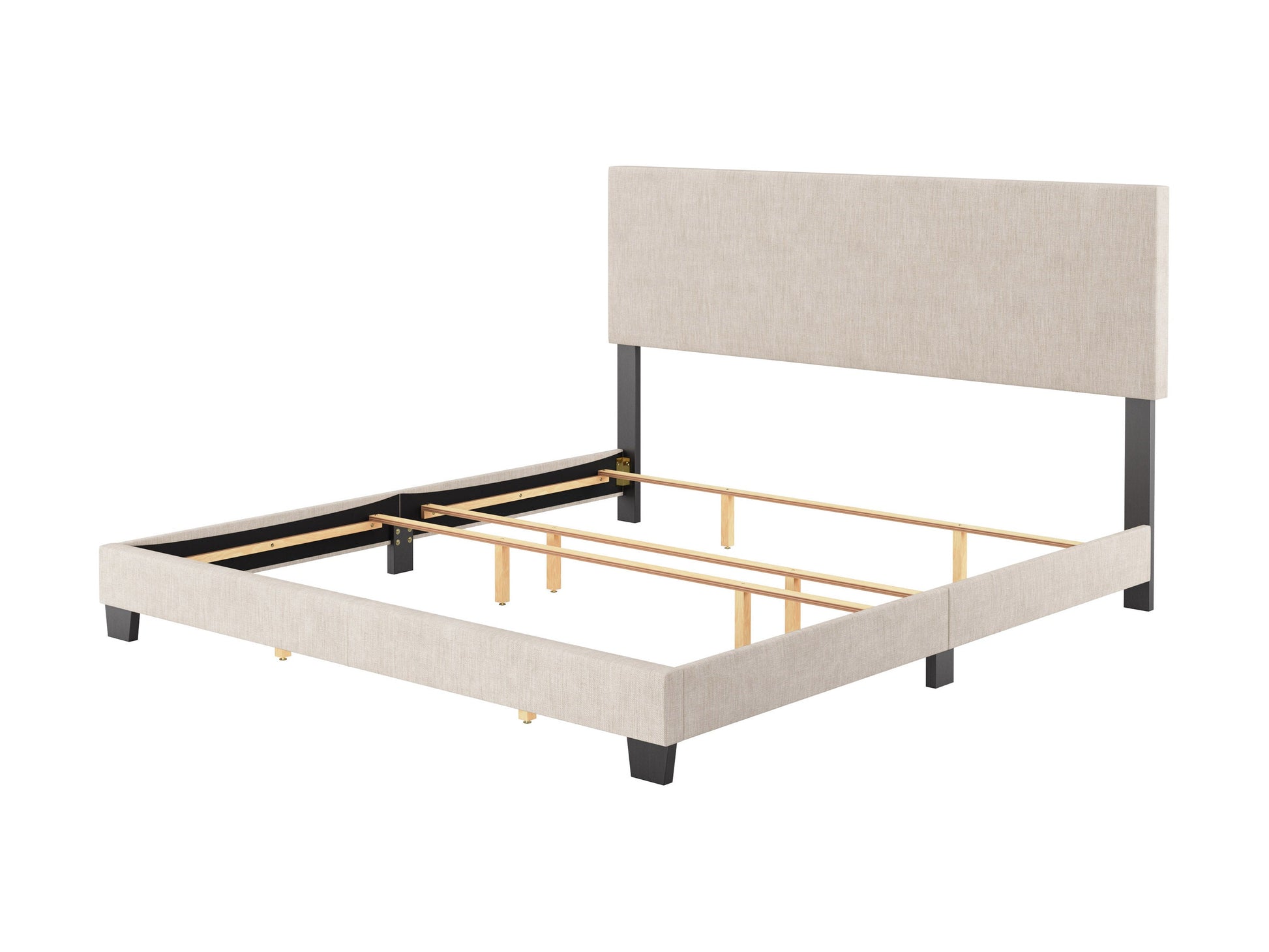 Beige modern king bed with tufted headboard, wooden frame, and sleek design, perfect for contemporary bedrooms.