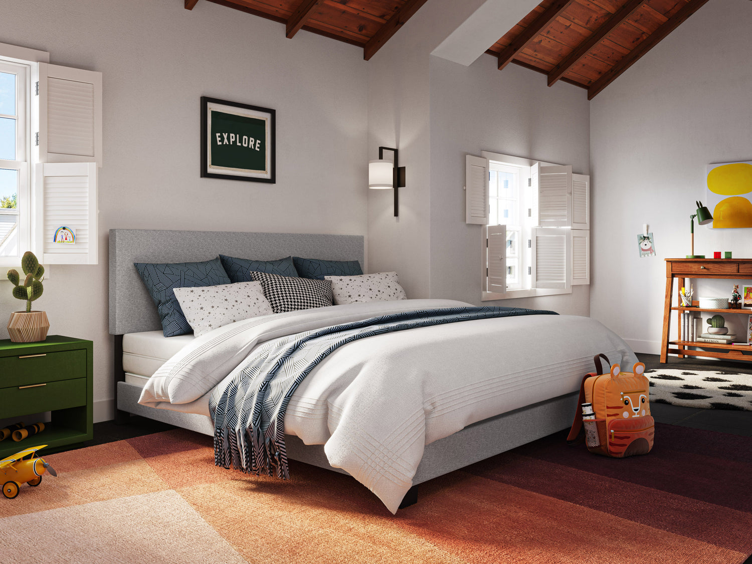 Modern king bed with sleek black metal frame, wooden headboard, and footboard; minimalist design with clean lines; neutral bedding in shades of gray and white; contemporary bedroom setting.