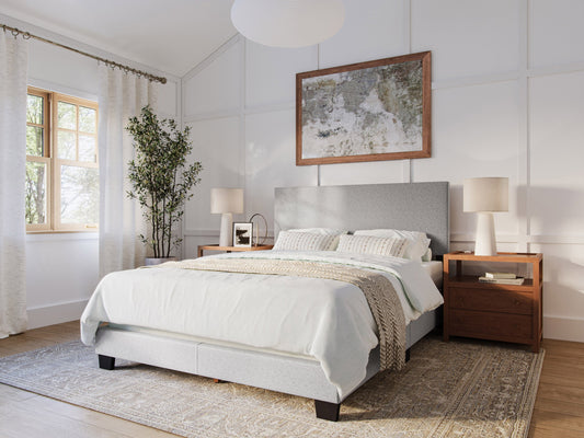Light grey modern queen bed with upholstered headboard, sleek wooden frame, and minimalist design. Perfect for contemporary bedrooms, offering comfort and stylish elegance.