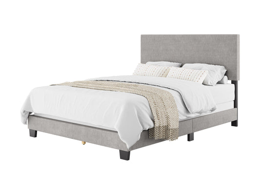 Light grey modern queen bed with upholstered headboard, sleek wooden frame, and minimalist design. Perfect for contemporary bedrooms, offering comfort and stylish elegance.