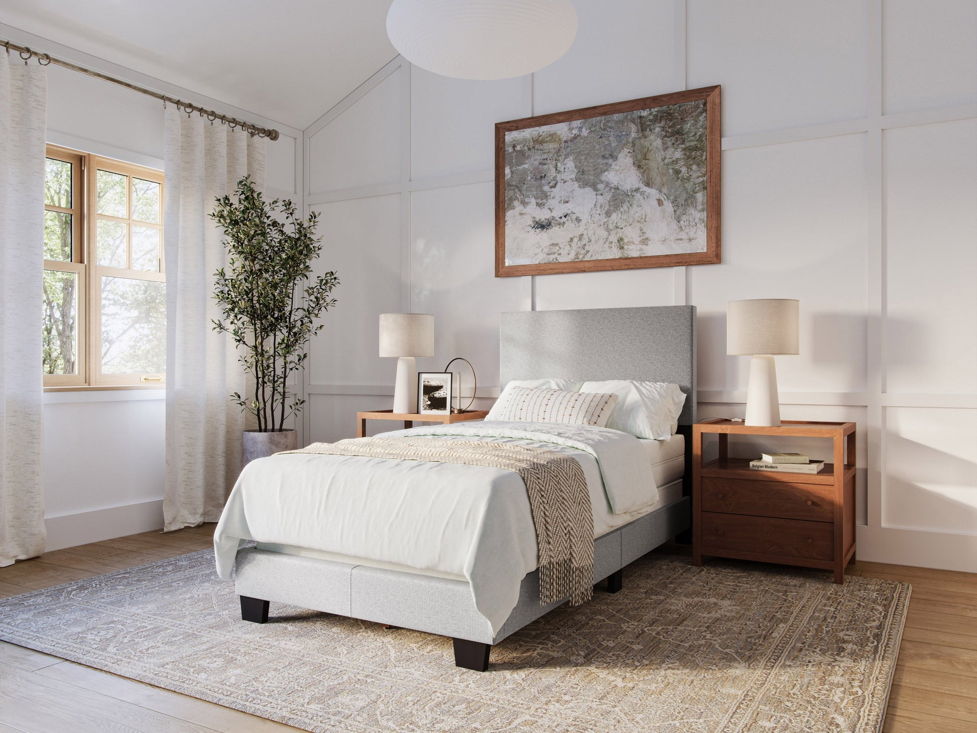 Modern twin/single bed in light grey with a sleek upholstered headboard, minimalist design, and sturdy wooden legs. Ideal for contemporary bedrooms, offering a blend of comfort and style.