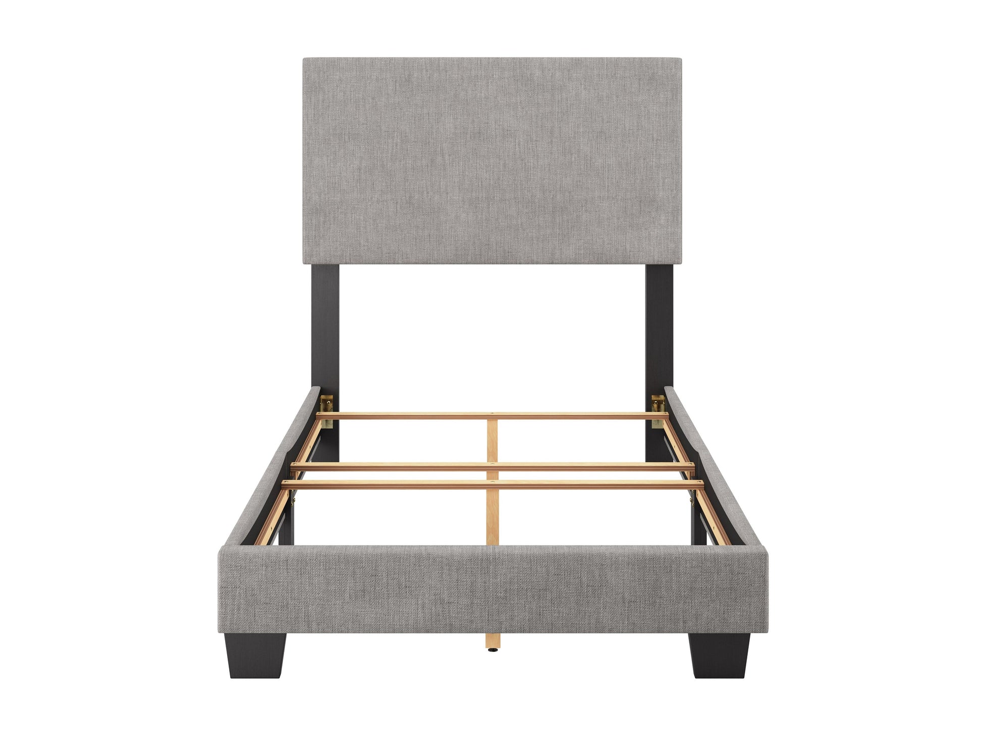 Modern twin/single bed in light grey with a sleek upholstered headboard, minimalist design, and sturdy wooden legs. Ideal for contemporary bedrooms, offering a blend of comfort and style.