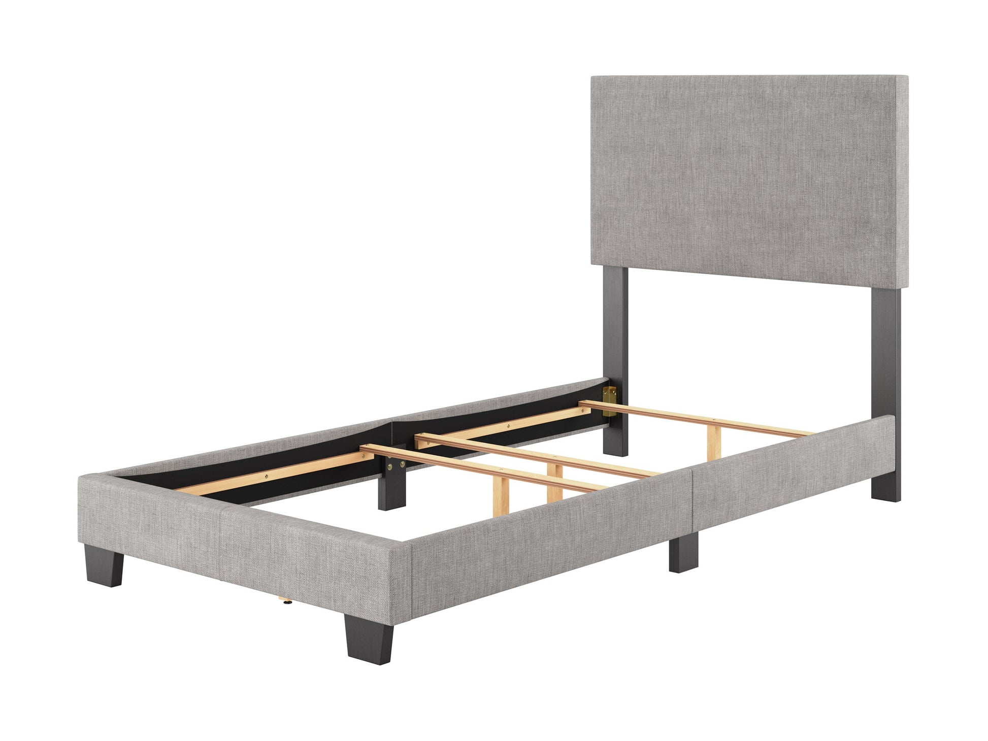 Modern twin/single bed in light grey with a sleek upholstered headboard, minimalist design, and sturdy wooden legs. Ideal for contemporary bedrooms, offering a blend of comfort and style.