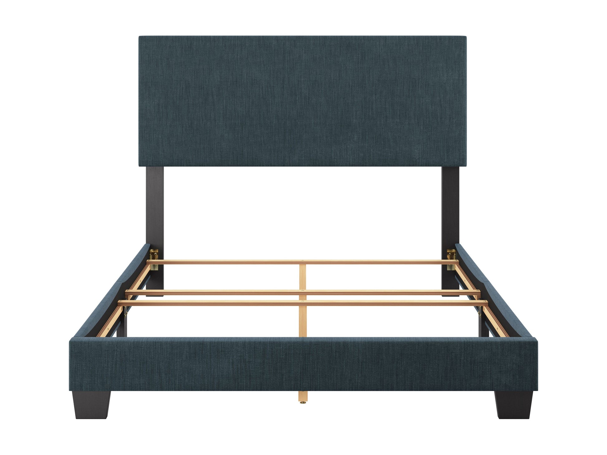 Modern full/double bed with a sleek blue upholstered headboard, minimalist design, and sturdy wooden frame. Ideal for contemporary bedrooms, offering both style and comfort.