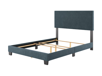 Modern full/double bed with a sleek blue upholstered headboard, minimalist design, and sturdy wooden frame. Ideal for contemporary bedrooms, offering both style and comfort.