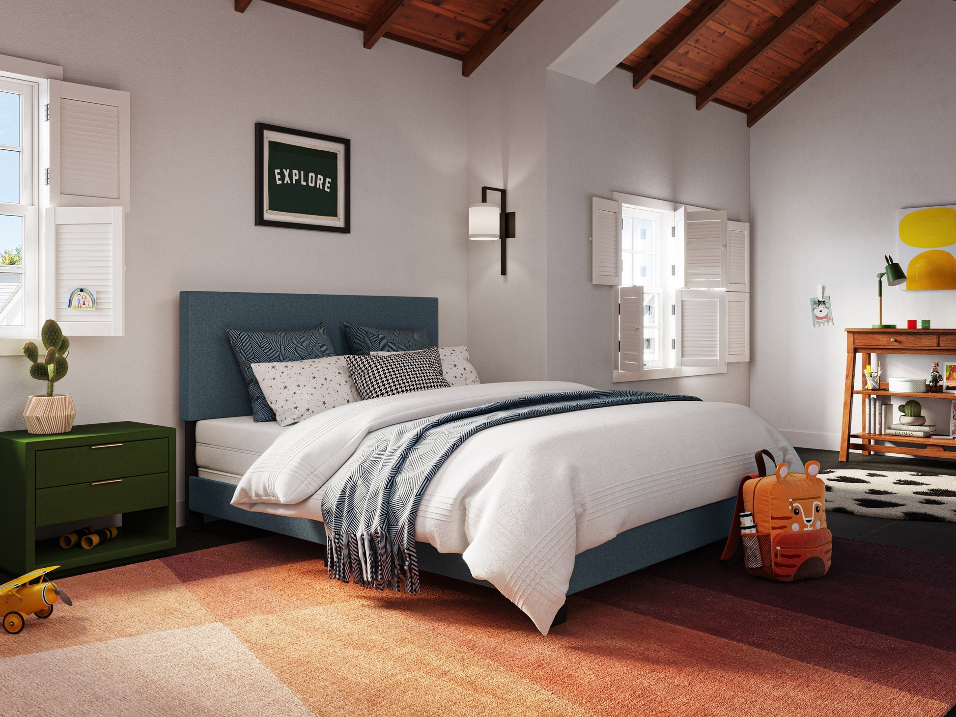Modern queen bed with blue upholstered headboard, sleek wooden frame, and minimalist design. Features soft fabric texture and sturdy construction, perfect for contemporary bedroom decor.