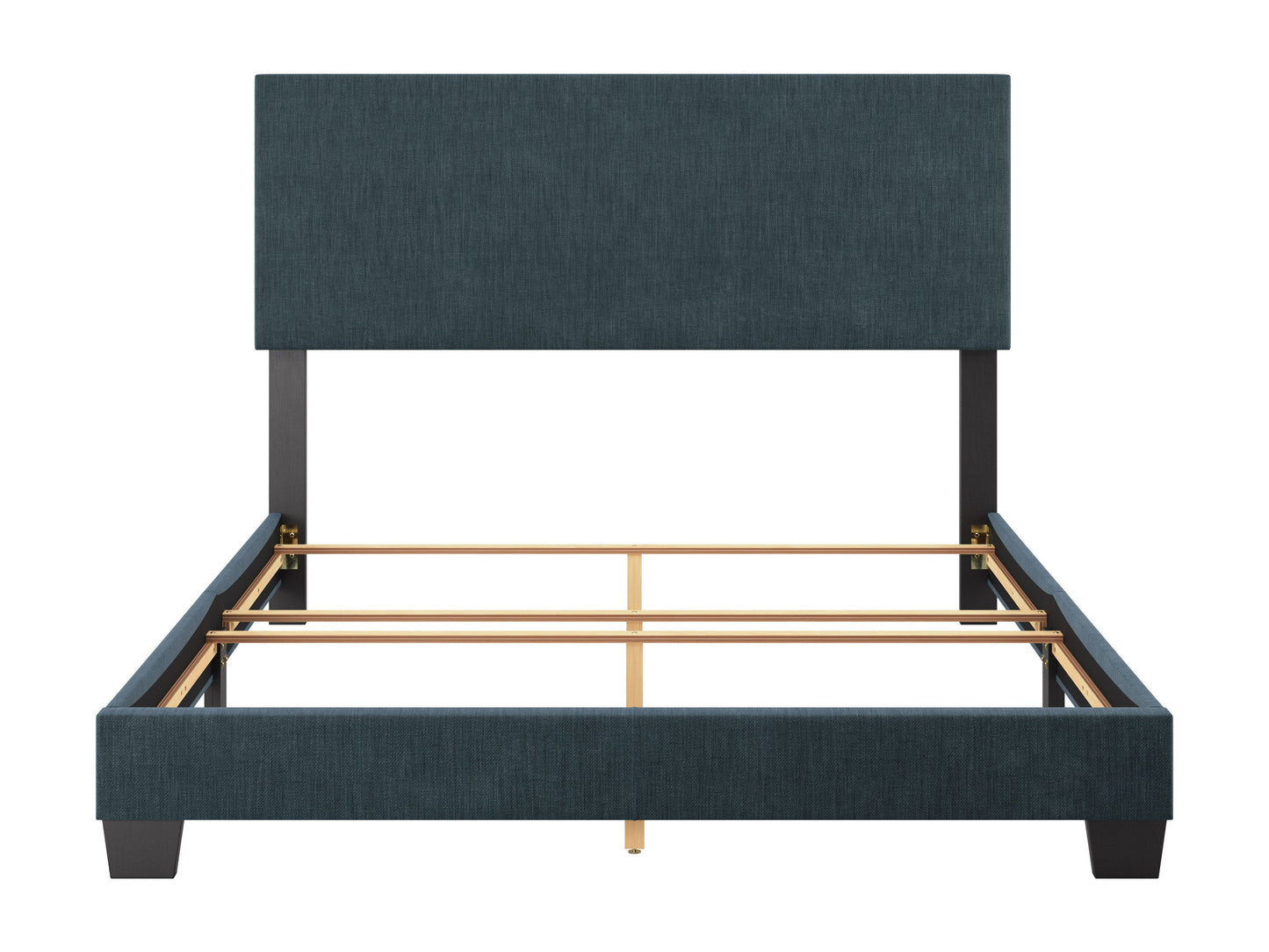 Modern queen bed with blue upholstered headboard, sleek wooden frame, and minimalist design. Features soft fabric texture and sturdy construction, perfect for contemporary bedroom decor.