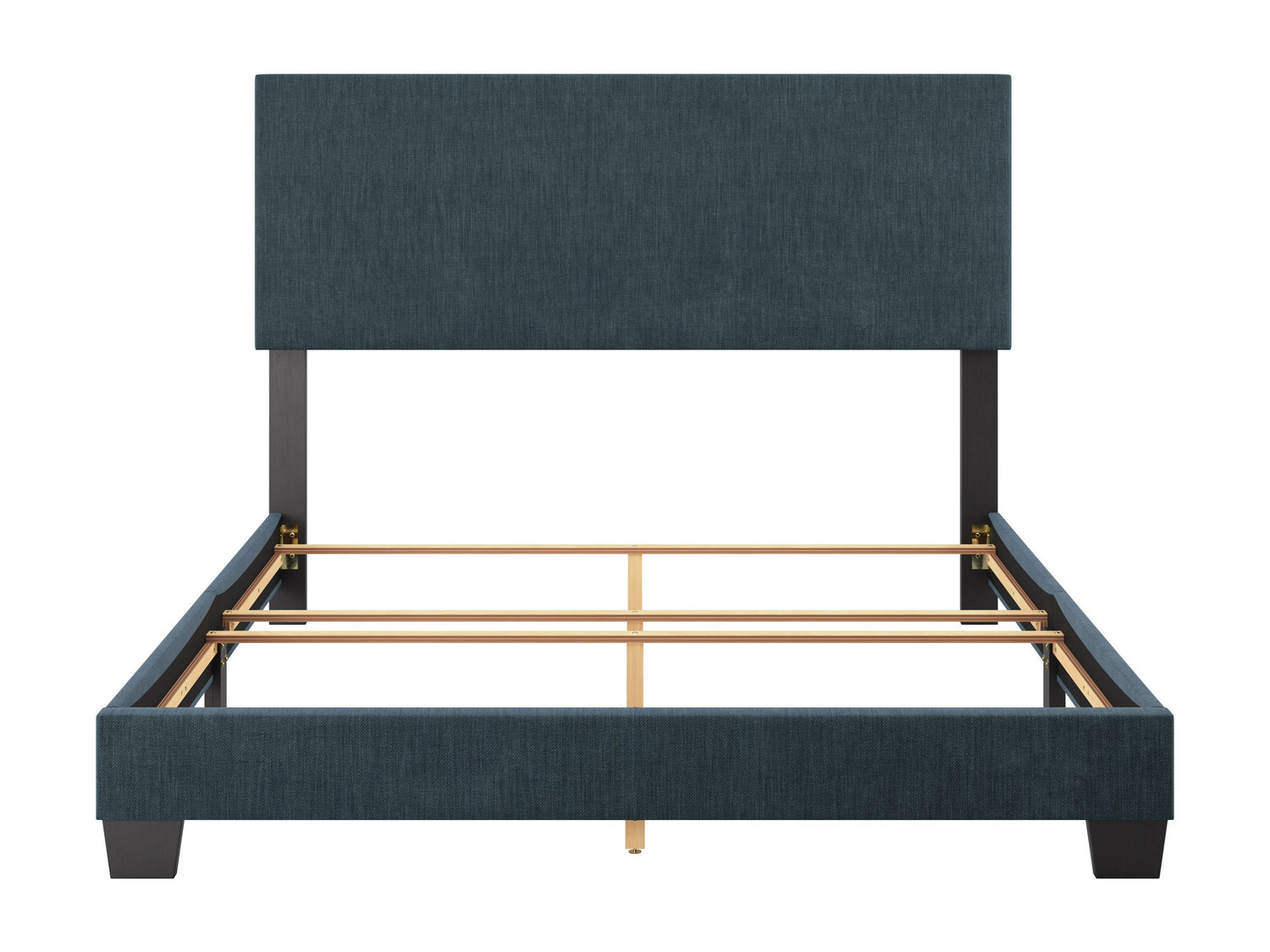 Modern queen bed with blue upholstered headboard, sleek wooden frame, and minimalist design. Features soft fabric texture and sturdy construction, perfect for contemporary bedroom decor.