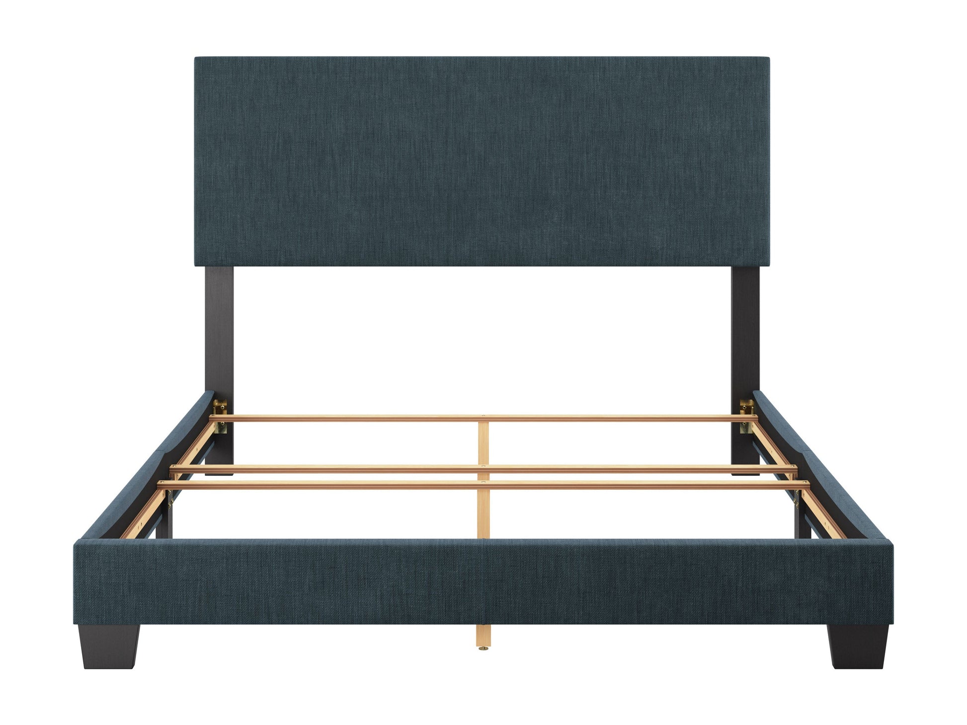 Modern queen bed with blue upholstered headboard, sleek wooden frame, and minimalist design. Features soft fabric texture and sturdy construction, perfect for contemporary bedroom decor.