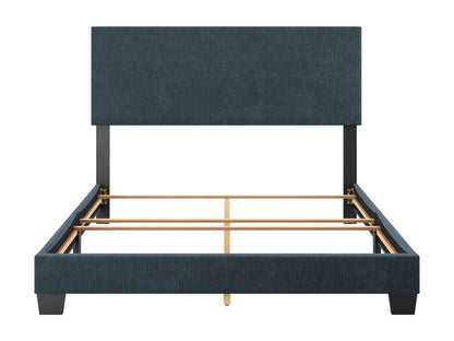Modern queen bed with blue upholstered headboard, sleek wooden frame, and minimalist design. Features soft fabric texture and sturdy construction, perfect for contemporary bedroom decor.