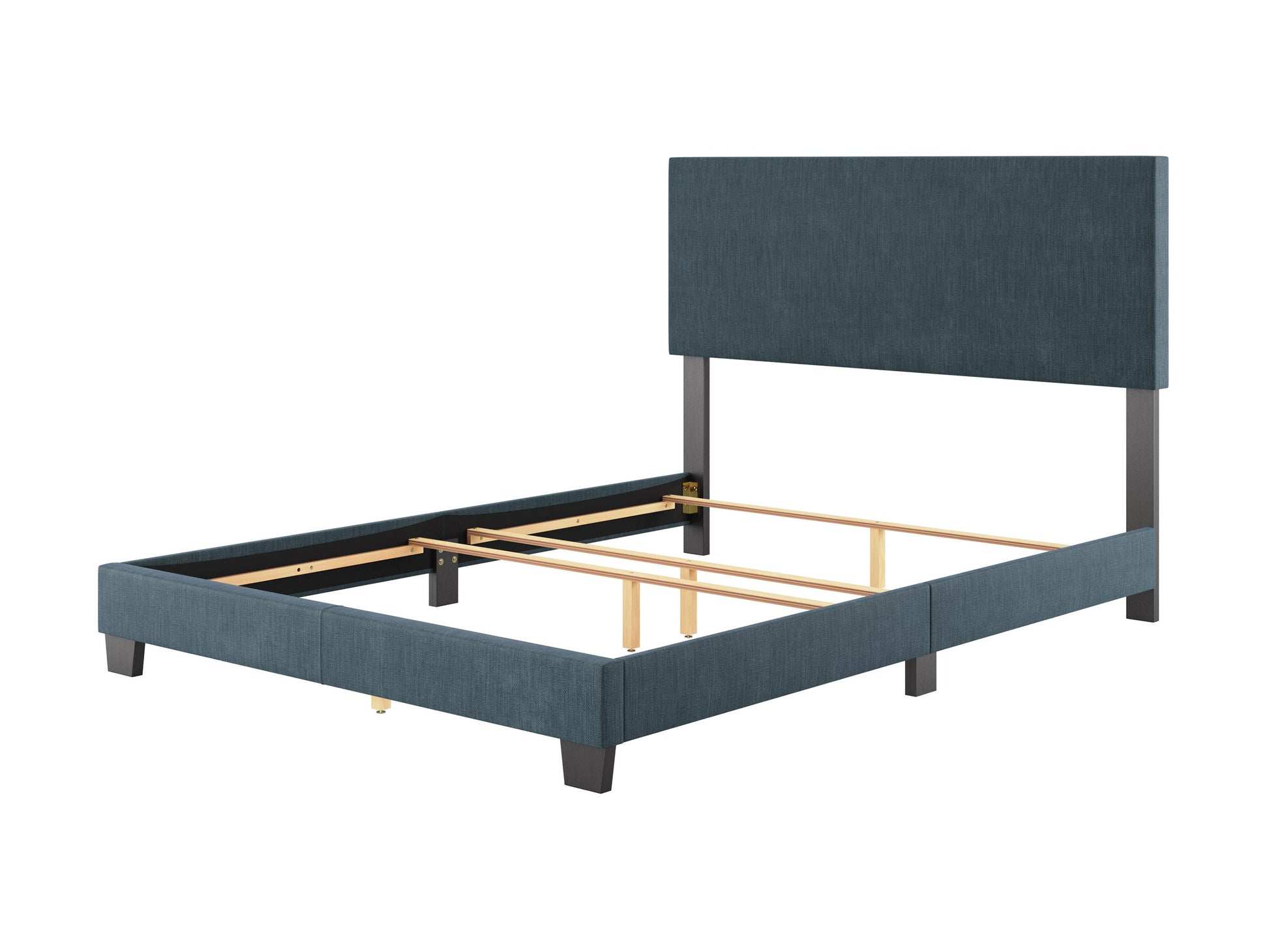 Modern queen bed with blue upholstered headboard, sleek wooden frame, and minimalist design. Features soft fabric texture and sturdy construction, perfect for contemporary bedroom decor.