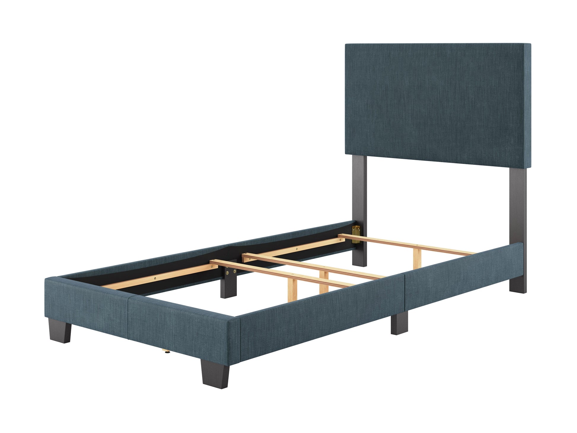 Modern blue twin bed with sleek wooden frame, minimalist design, and plush upholstered headboard, perfect for contemporary bedrooms.