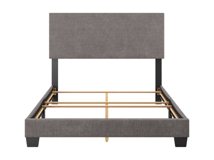 Modern grey full/double bed with upholstered headboard, sleek wooden frame, and minimalist design. Ideal for contemporary bedrooms, this bed features clean lines and a stylish, neutral grey fabric.