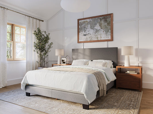 Grey modern queen bed with upholstered headboard, sleek wooden frame, and minimalist design, perfect for contemporary bedrooms.