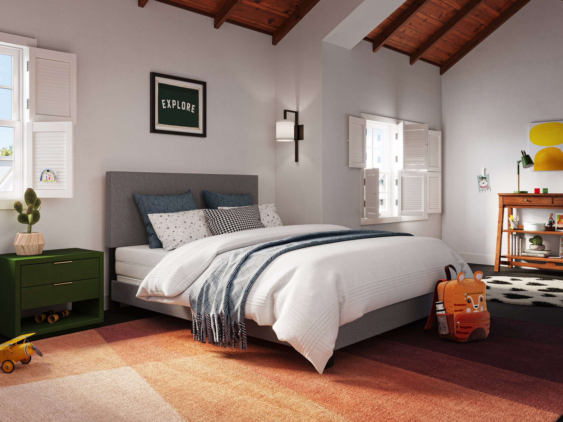 Grey modern queen bed with upholstered headboard, sleek wooden frame, and minimalist design, perfect for contemporary bedrooms.