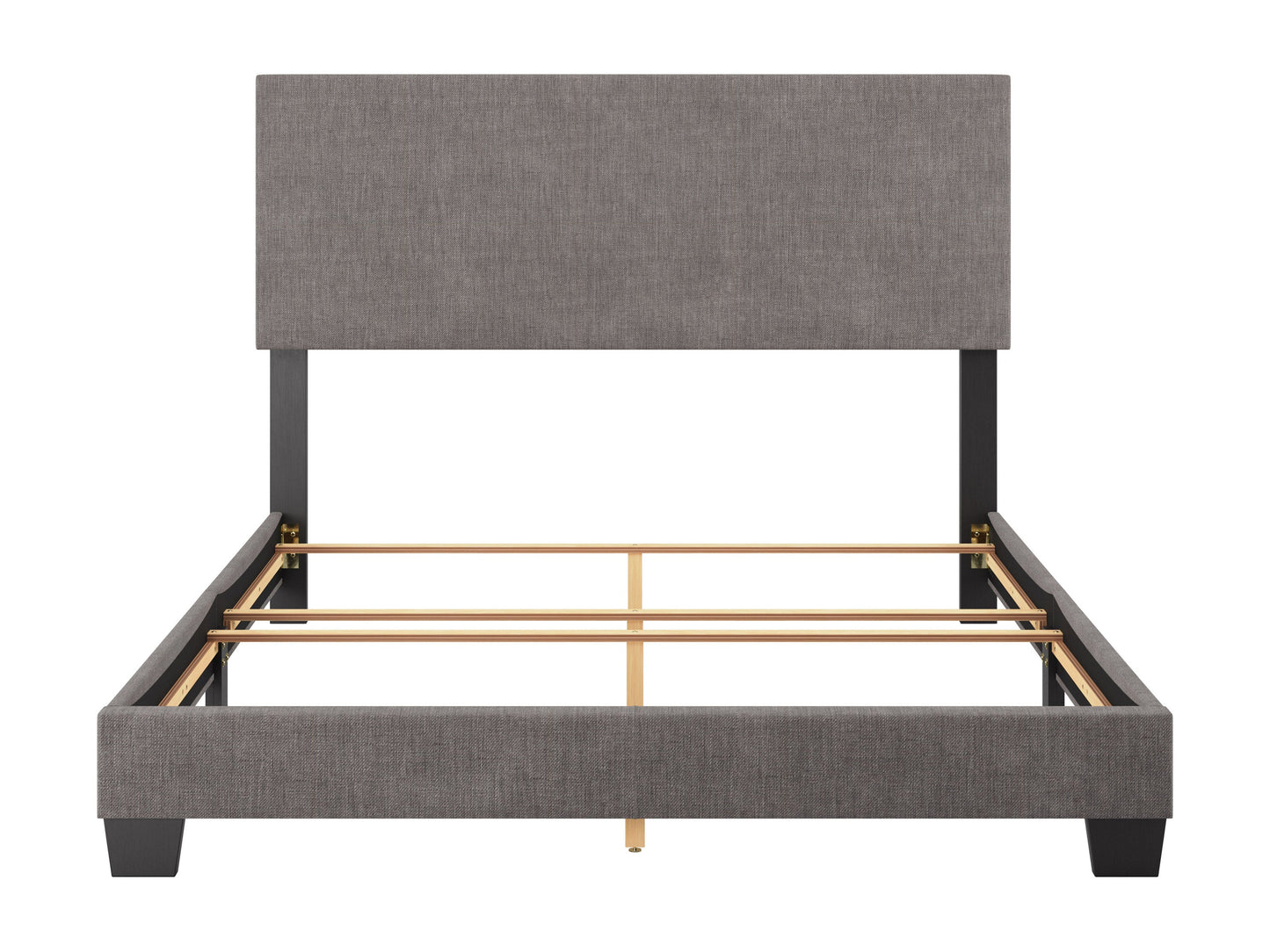 Grey modern queen bed with upholstered headboard, sleek wooden frame, and minimalist design, perfect for contemporary bedrooms.