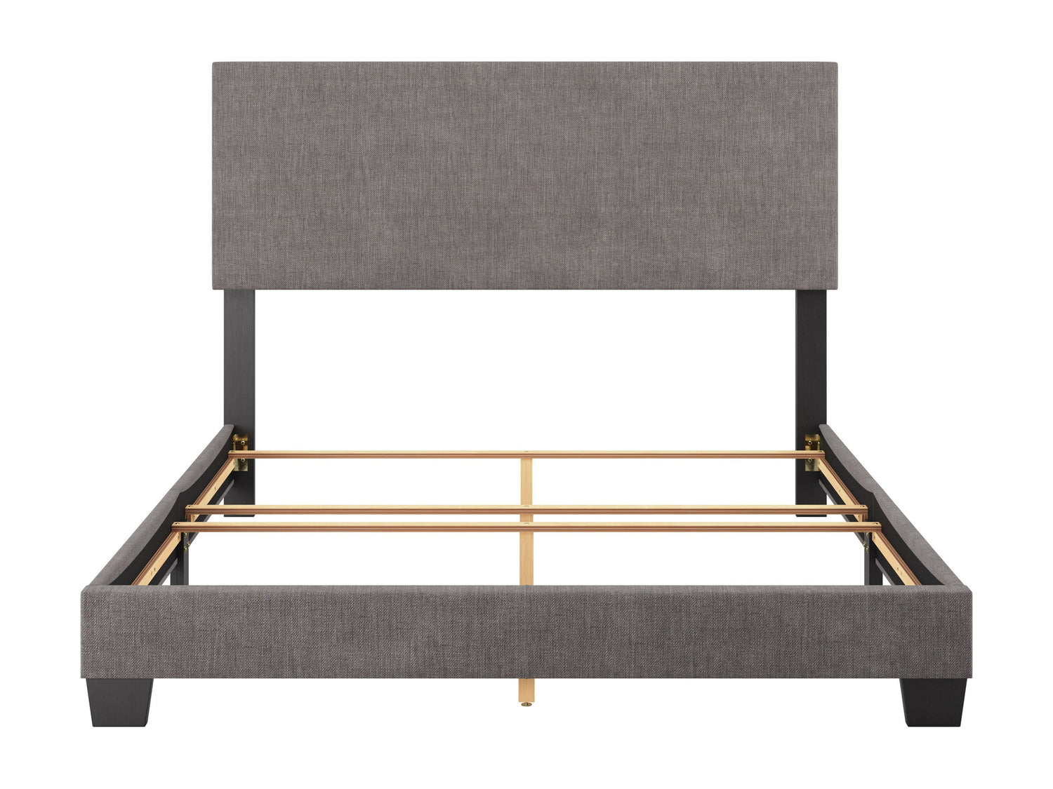 Grey modern queen bed with upholstered headboard, sleek wooden frame, and minimalist design, perfect for contemporary bedrooms.