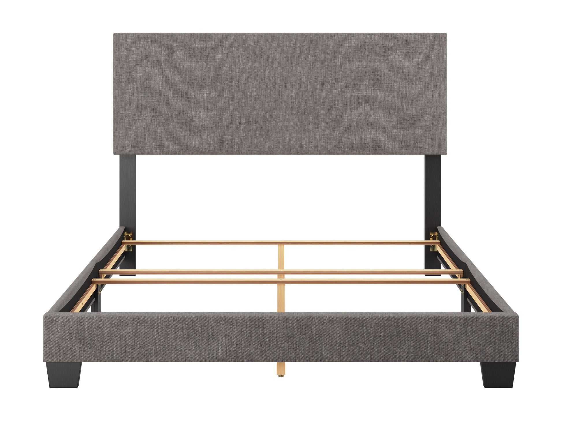 Grey modern queen bed with upholstered headboard, sleek wooden frame, and minimalist design, perfect for contemporary bedrooms.